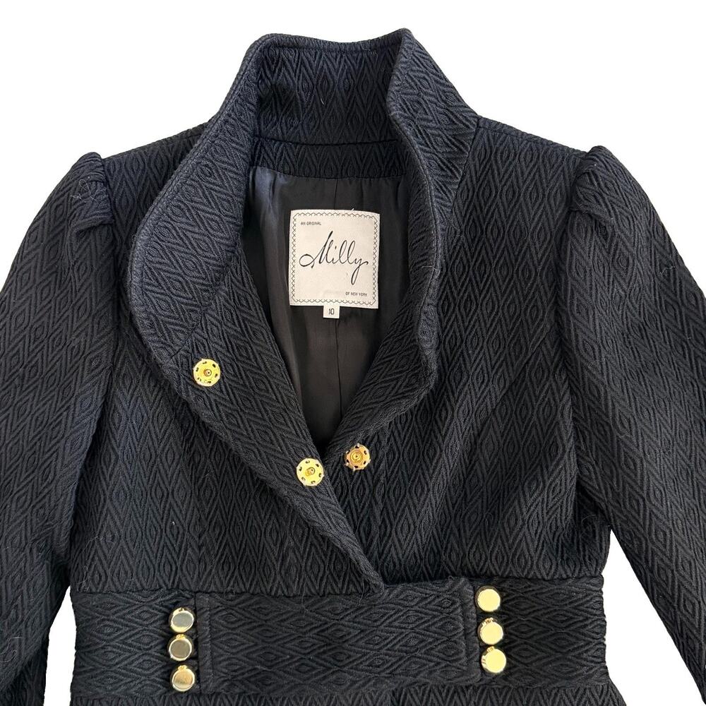 Milly New York Black 100% Wool Diamond Military Inspired Gold Button Coat Sz 10